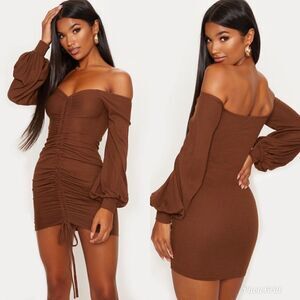 Prettylittlething Brown Ruched Off The Shoulder Drawstring Mini Dress